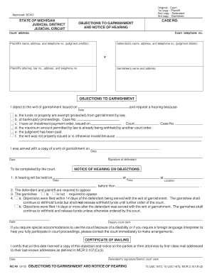Objections to Garnishment and Notice of Hearing