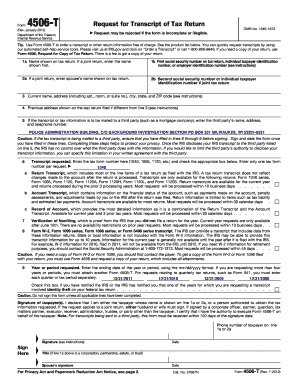 IRS Form 4506-T Request for Transcript of Tax Return