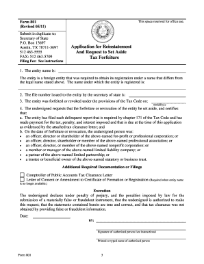 Form 801—Application for Reinstatement and Request to Set Aside Tax Forfeiture