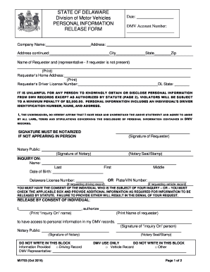 Delaware DMV Personal Information Release Form