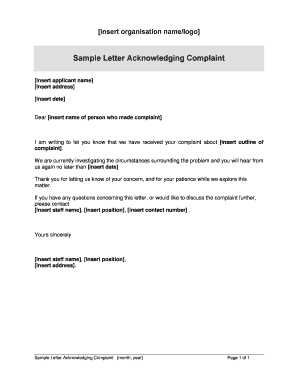 Sample Letter Acknowledging Complaint