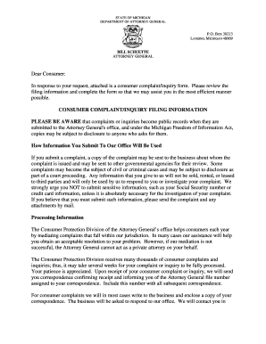 Michigan Consumer Complaint Form