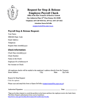 Massachusetts Payroll Check Stop & Reissue Request