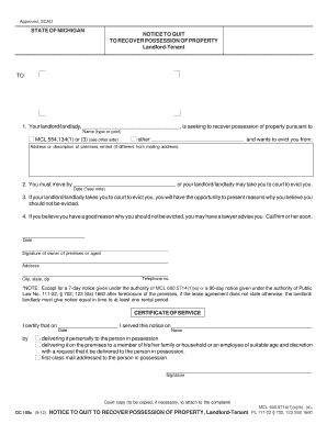Michigan Notice to Quit to Recover Possession of Property