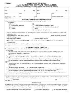 Idaho Sales Tax Exemption Certificate - Vehicle/Vessel
