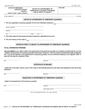 Michigan Temporary Guardian Appointment Notice