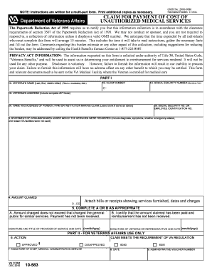 VA Form 10-583 Claim for Payment of Unauthorized Medical Services