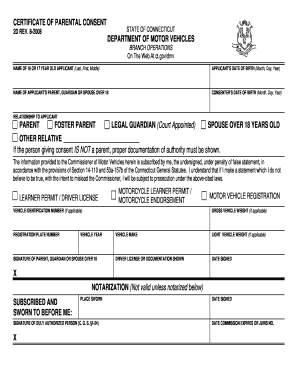 Certificate of Parental Consent for Connecticut Driver's License