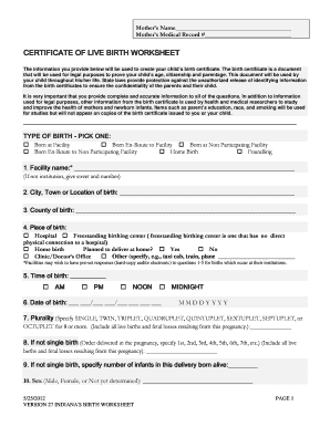 Indiana Birth Worksheet