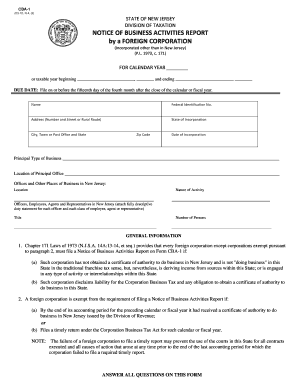 New Jersey Foreign Corporation Business Activities Report