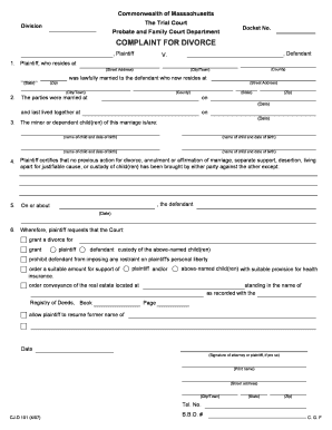 Massachusetts Divorce Complaint Form