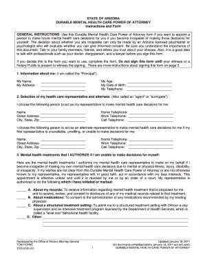 Arizona Durable Mental Health Care Power of Attorney