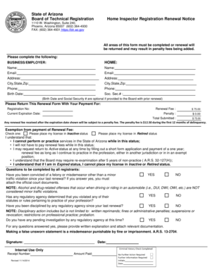 Arizona Home Inspector Registration Renewal Notice