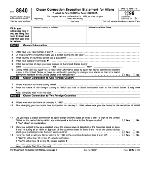 IRS Form 8840 Closer Connection Exception Statement
