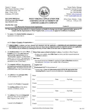 West Virginia Application for Certificate of Authority of Limited Liability Company