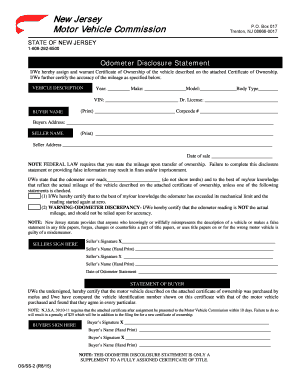 New Jersey Odometer Disclosure Statement
