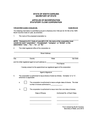 South Carolina Statutory Close Corporation Articles of Incorporation