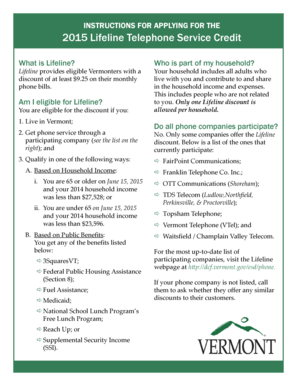 2015 Vermont Lifeline Telephone Service Application