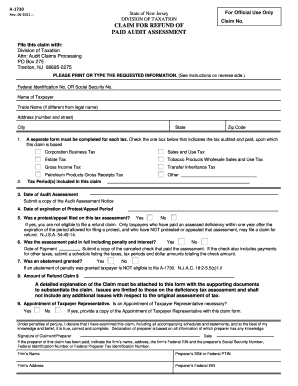 New Jersey Claim for Refund of Paid Audit Assessment