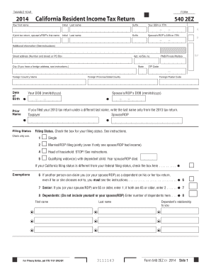2014 California Resident Income Tax Return 540 2EZ