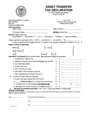 New Jersey Asset Transfer Tax Declaration