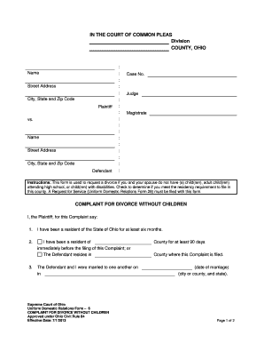Ohio Divorce Complaint Without Children