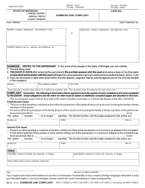 Michigan Summons and Complaint