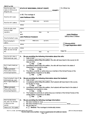 Wisconsin Joint Petition for Divorce or Legal Separation Without Minor Children