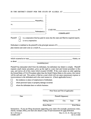 Alaska Small Claims Complaint Form