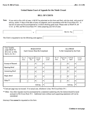 Bill of Costs Form 10