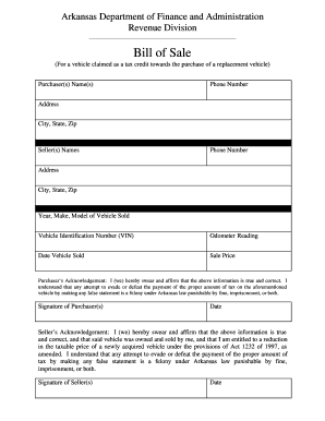 Arkansas Vehicle Bill of Sale for Tax Credit