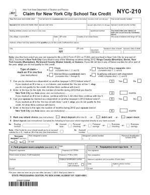 New York City School Tax Credit Claim Form NYC-210