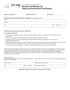 New York Resale Certificate for Telecommunication Purchases