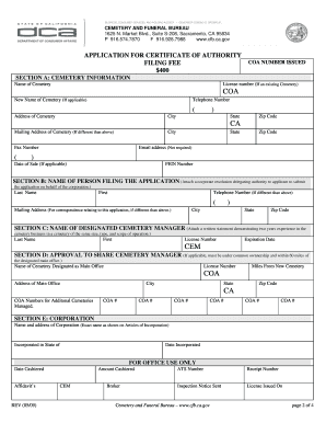 Cemetery and Funeral Bureau - Required Submissions for Completing the Application for Certificate of Authority. Cemetery and Funeral Bureau - Required Submissions for Completing the Application for Certificate of Authority
