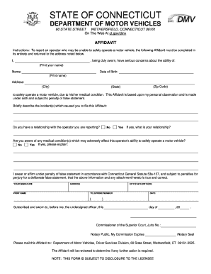 Connecticut Motor Vehicle Safety Affidavit