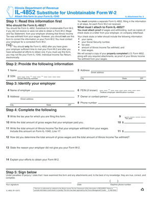 Illinois Form IL-4852 Substitute for Unobtainable Form W-2