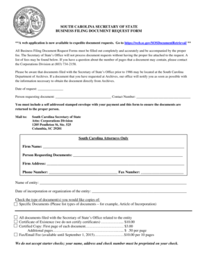 South Carolina Business Filing Document Request Form