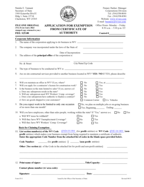 West Virginia Exemption Application for Certificate of Authority
