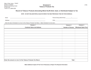 New Jersey Tobacco Products Tax Schedule D