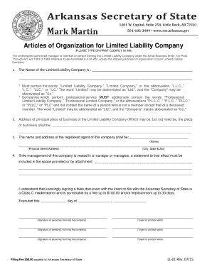 Arkansas Articles of Organization for Limited Liability Company