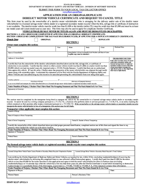 Florida Derelict Motor Vehicle Certificate Application