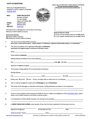 Montana Articles of Organization for Domestic Limited Liability Company