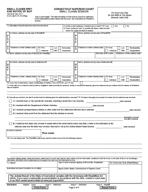 Connecticut Small Claims Court Writ and Notice of Suit