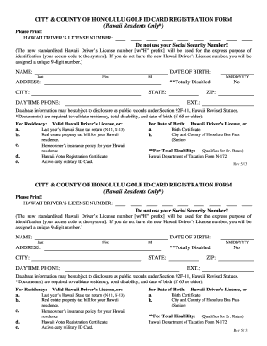 City & County of Honolulu Golf ID Card Registration Form