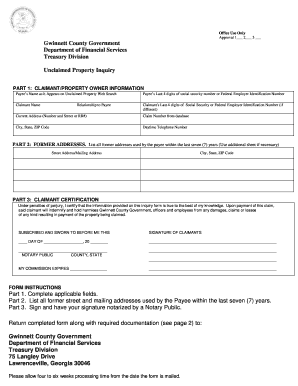 Gwinnett County Unclaimed Property Inquiry Form