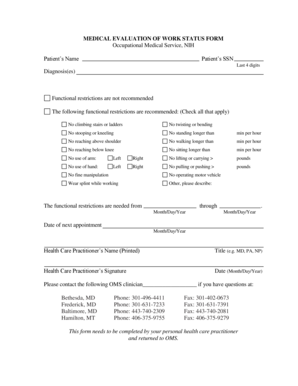Medical Evaluation of Work Status Form