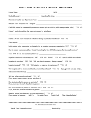 Mental Health Ambulance Transport Intake Form