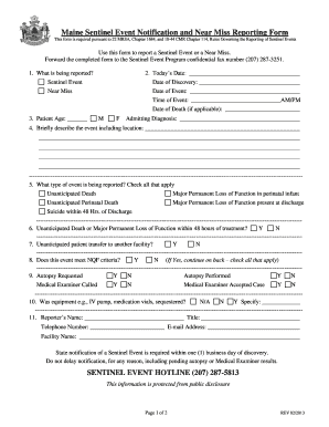 Maine Sentinel Event Notification and Near Miss Reporting Form - maine