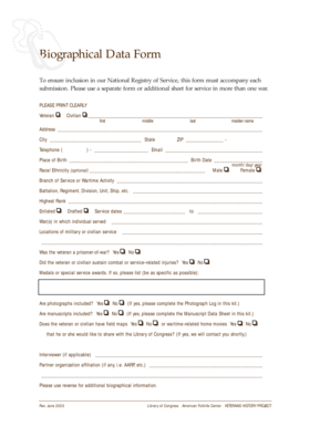 Veterans History Project Biographical Data Form