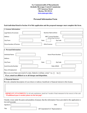 Massachusetts Alcoholic Beverages Licensee Personal Information Form